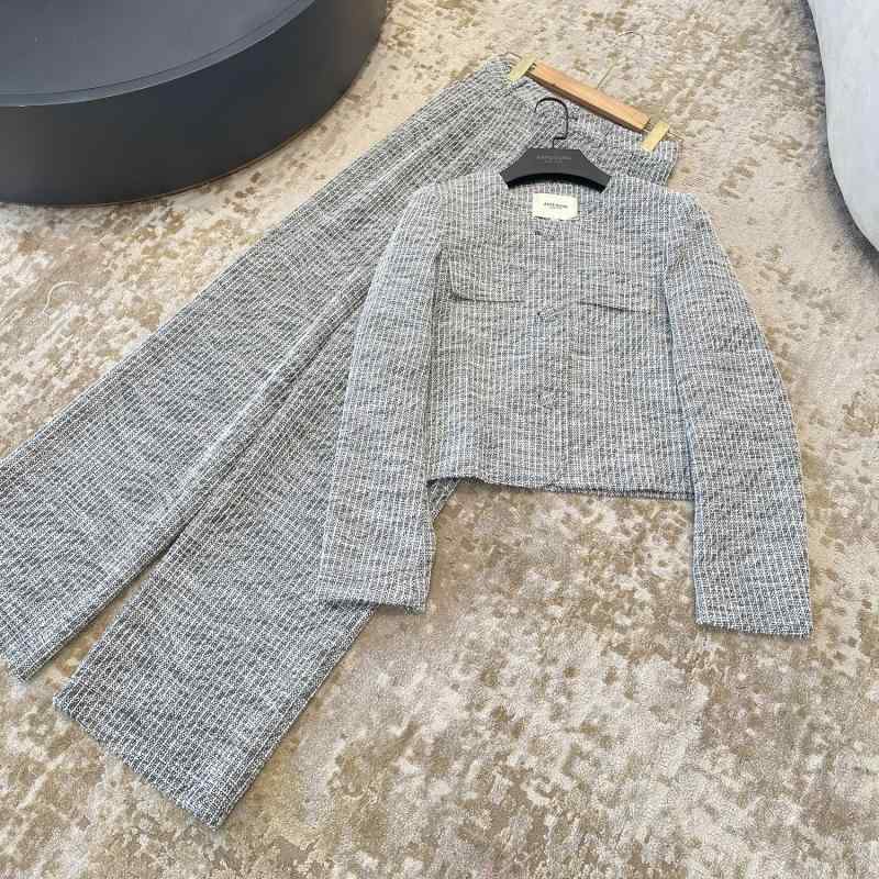 セットアップ レディース 格子柄 ツイード ジャケット パンツ 上下セット 灰色 S M L XL 高見え お洒落..