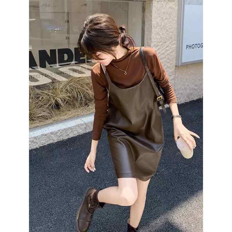 ワンピース レディース 大きいサイズ ミラノ風 褐色 PUレザー サロペットスカート 韓国風 セットアップ 長袖 トップス 普段使い 通勤