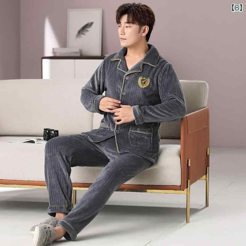 パジャマ メンズ 男性用 厚手 フリース 上下セット 暖かい 寝巻き 長袖 長ズボン 部屋着 ルームウェア 秋冬 ポリエステル 襟付き 前開き あったか