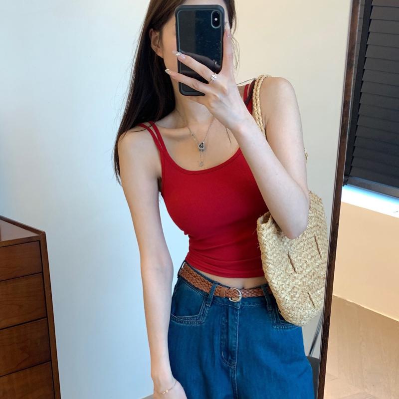 タンクトップ レディース 韓国風 スリムフィット チューブトップ カップ付き インナー 接触冷感 吸湿速乾 ストレッチ 無地 インディアンレッド フランスブルー ホワイト ブラック グレー(4)