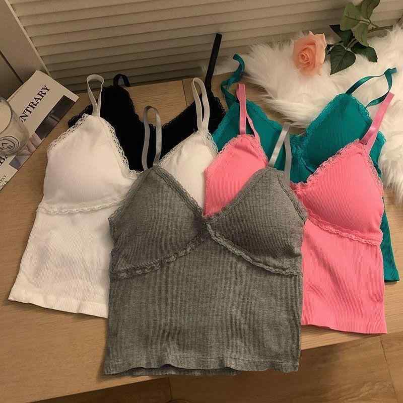 キャミソール レディース レース ビスチェ ブラトップ カップ付き インナー Vネック ショート丈 トップ..