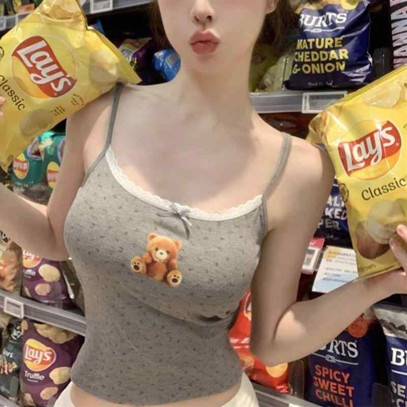 キャミソール レディース 小熊プリント 花柄 コットン トップス インナー 部屋着 薄手 ピンク系 グレー..