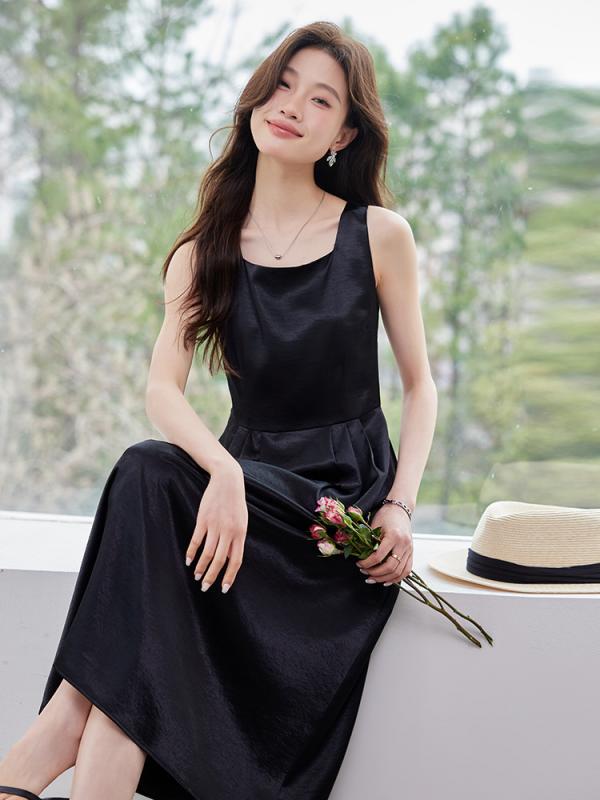 ワンピース レディース 高級感 ノースリーブ Aライン 膝丈 ポリエステル 無地 Uネック カジュアル エレガント フェミニン ホワイト ブラック ベージュ グリーン S M L XL