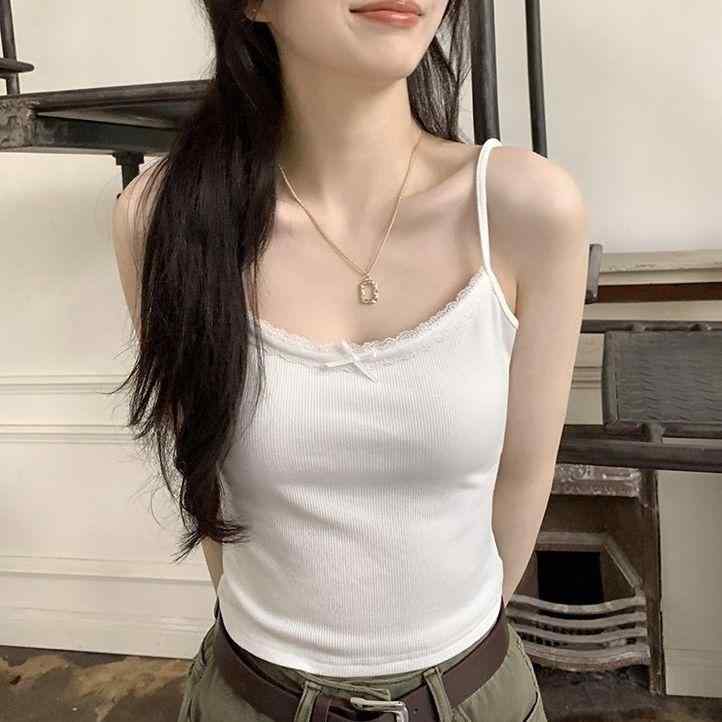 タンクトップ レディース 綿 レース 蝶結び キャミソール 胸パッド付き 無地 インナー トップス 黒 白 ..