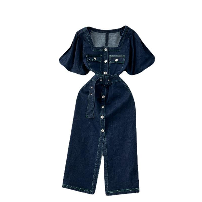 ワンピース レディース フレンチパフスリーブ Aライン デニムワンピース ミディ丈 ハイウエスト スリット入り 細見え ダークブルー