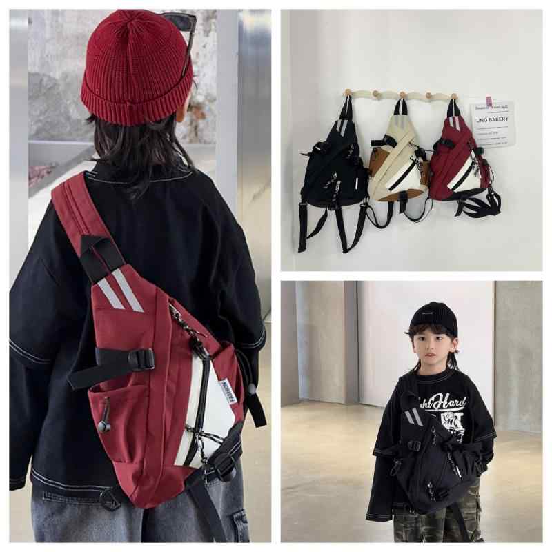 キッズ バッグ 男の子 多機能 アウトドア スポーツ 胸 バッグ 大容量 斜めがけ 鞄 ナイロン 軽量 ブラ..