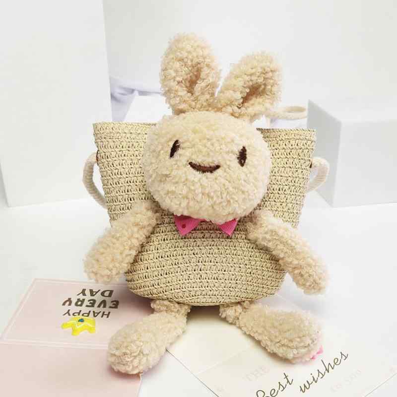 麦わら帽子 キッズ 斜めがけ 鞄 ミニ バッグ 草編み かわいい ウサギ クマ ペンギン ベージュ ホワイト..