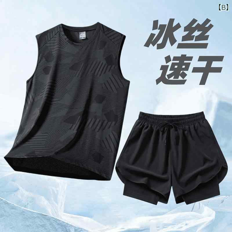 スポーツウェア 男性用 ランニングウェア 上下セット Tシャツ タンクトップ ショートパンツ トレーニングウェア 吸湿速乾 軽量 薄手 春夏