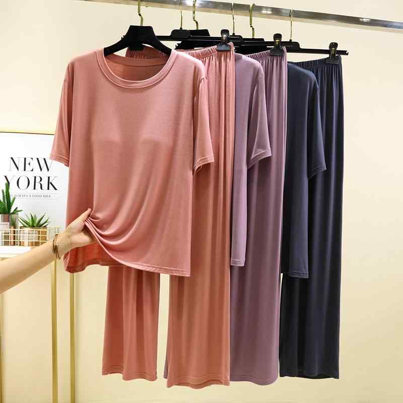 ルームウェア レディース 春秋 夏 半袖 長ズボン 上下セット モダール 部屋着 リラックス ゆったり 快..