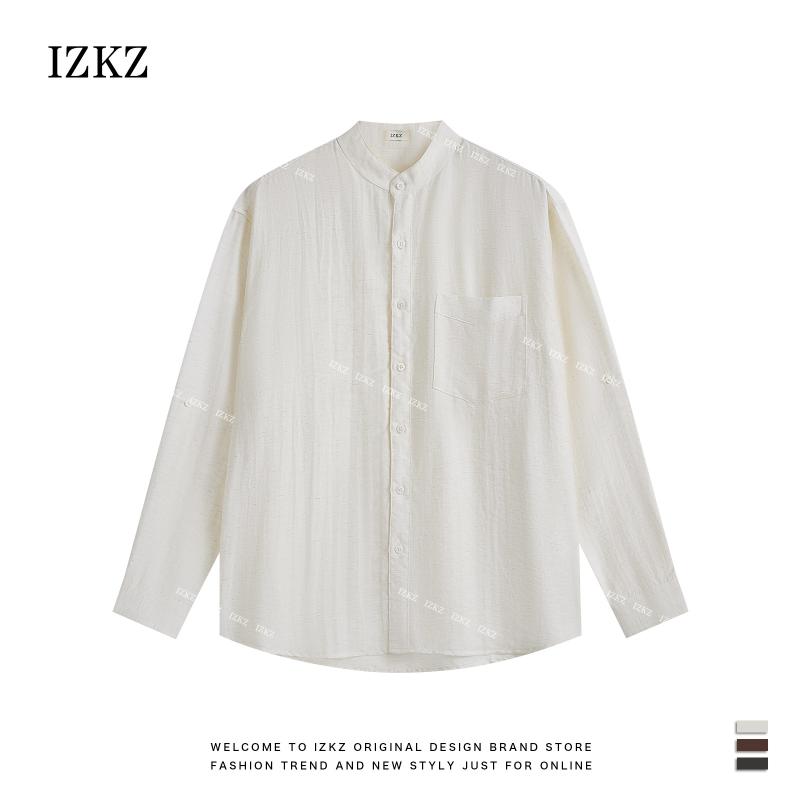 シャツ 男性用 亜麻 リネン 長袖 トップス 接触冷感 薄手 春秋 カジュアル ブラック 鉄錆色 杏色