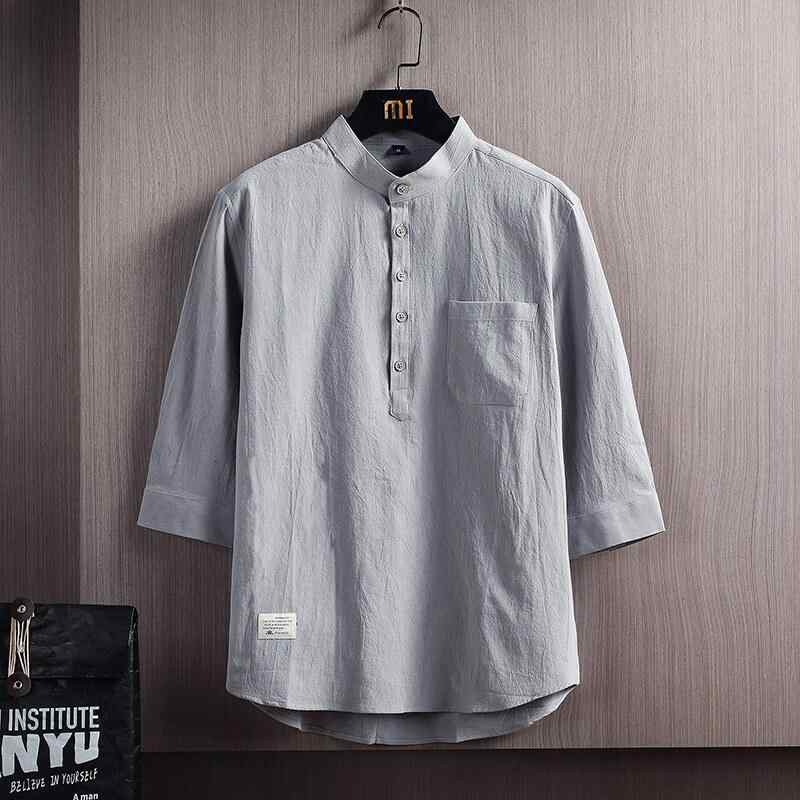 シャツ メンズ 男性用 七分袖 リネン 中国風 和風 トップス カットソー 無地 白 灰色 黒 カーキ色 青色..