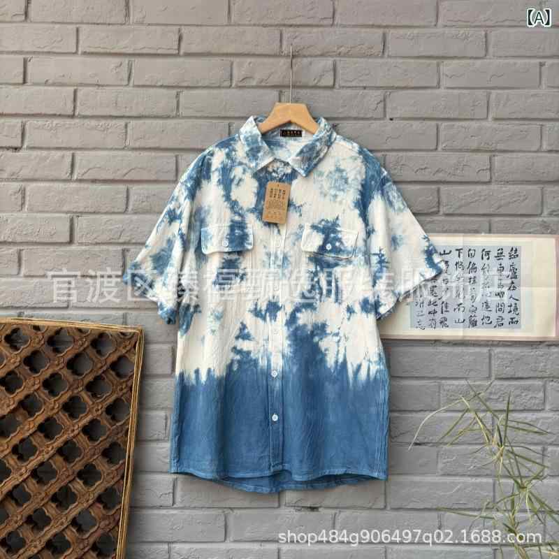 シャツ 男性用 半袖 コットン 絞り染め 藍染め 総柄 トップス 羽織り 接触冷感 通気性