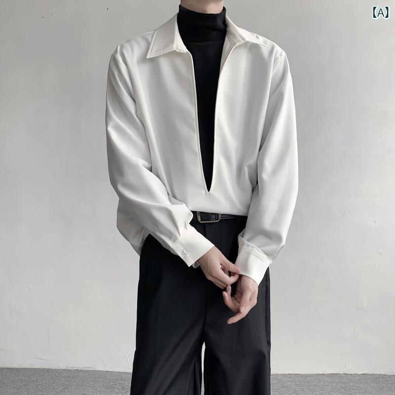 シャツ メンズ 男性用 トップス 大Vネック レトロ 無地 長袖 合体型 普段使い ファッション 青年 綿混..