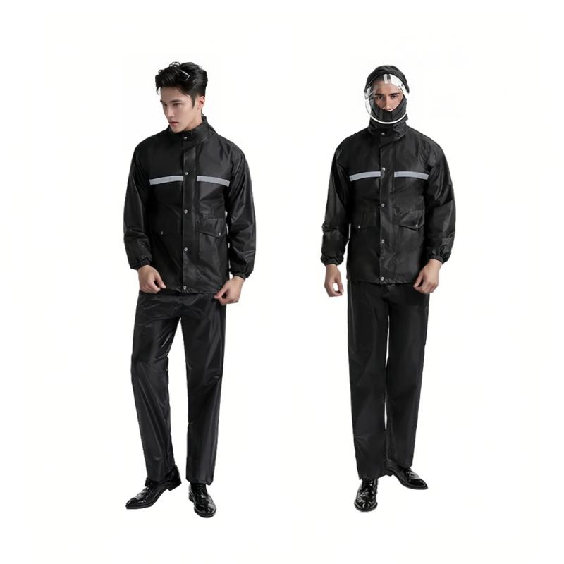 レインコート メンズ 男性用 バイク用 セパレート 防水 厚手 オックスフォード織 通勤 通学 釣り アウトドア 作業用 梅雨 豪雨 対策 ブラック