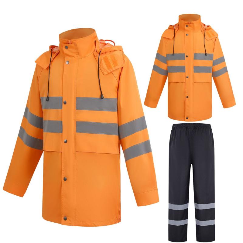 レインコート 男性用 鉄道作業用 レインウェア 上下セット 防水 防寒 防風 作業着 輸送 警備 工事現場 物流 ダブル反射材 オレンジ色