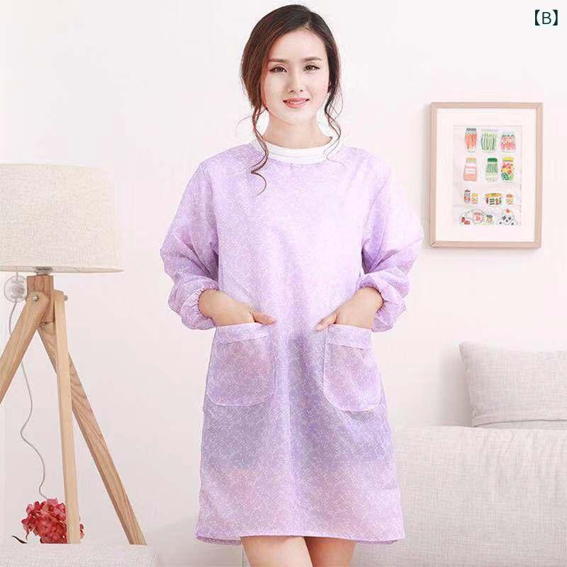 エプロン レディース メンズ 長袖 割烹着 防水 撥水 加工 汚れ防止 かわいい おしゃれ カフェ 厨房 料理用 家庭用 作業用 ポリエステル ブルー パープル