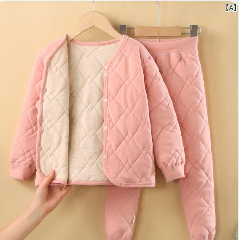 子供用綿入りインナー 上下セット 小学生 男女兼用 薄手 Vネック 暖か ポリエステル 中国風 無地 カッ..