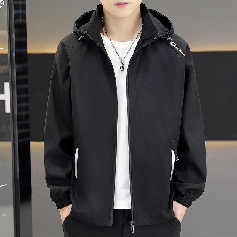 ジャケット 男性用 春秋 薄手 耐摩耗 通気 防風 フード付き カジュアル ワーク アウター 学生 リブ裾 ブラック カーキ ブルー M L XL 2XL 3XL 4XL 5XL