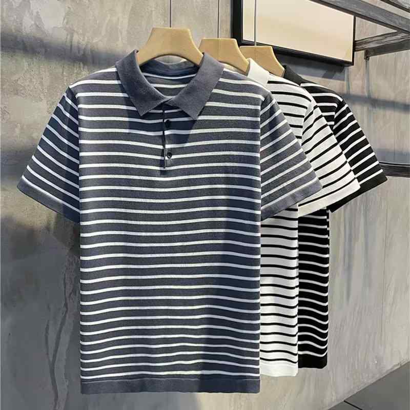 ポロシャツ メンズ 男性用 半袖 トップス ストライプ 薄手 ルーズフィット カジュアル 普段使い Tシャ..