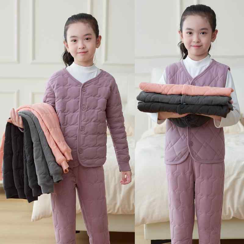 子供用スクールインナー 上下セット 肌着 シャツ パンツ Vネック ポリエステル 格子柄 厚手 保温性 男..