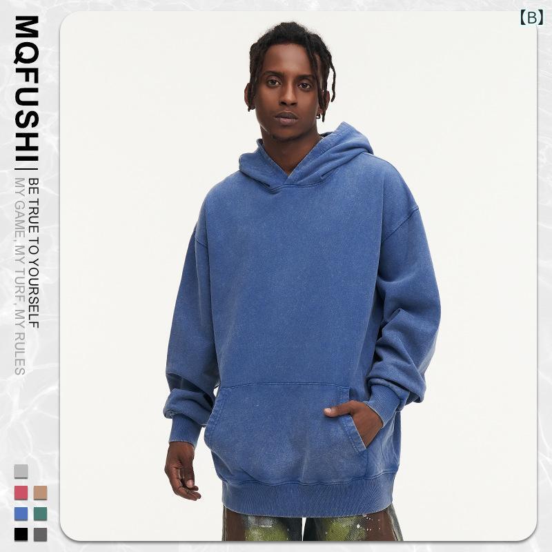 パーカー 男性用 スウェット プルオーバー 長袖 絞り染め 色落ち加工 無地 コットン ゆったり ワークウェア 部屋着 カジュアルウェア ダークレッド ダークブルー ブラック ダークグリーン ライトグレー サンドベージュ ダークグレー
