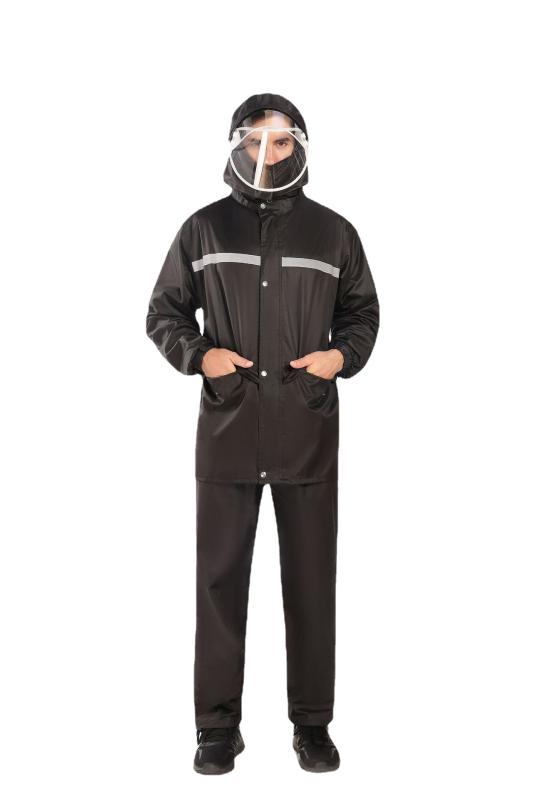 レインコート 男性用 上下セット 防風 防寒 厚手 反射材 バイク 自転車 通勤 通学 釣り 作業用 アウトドア ブラック