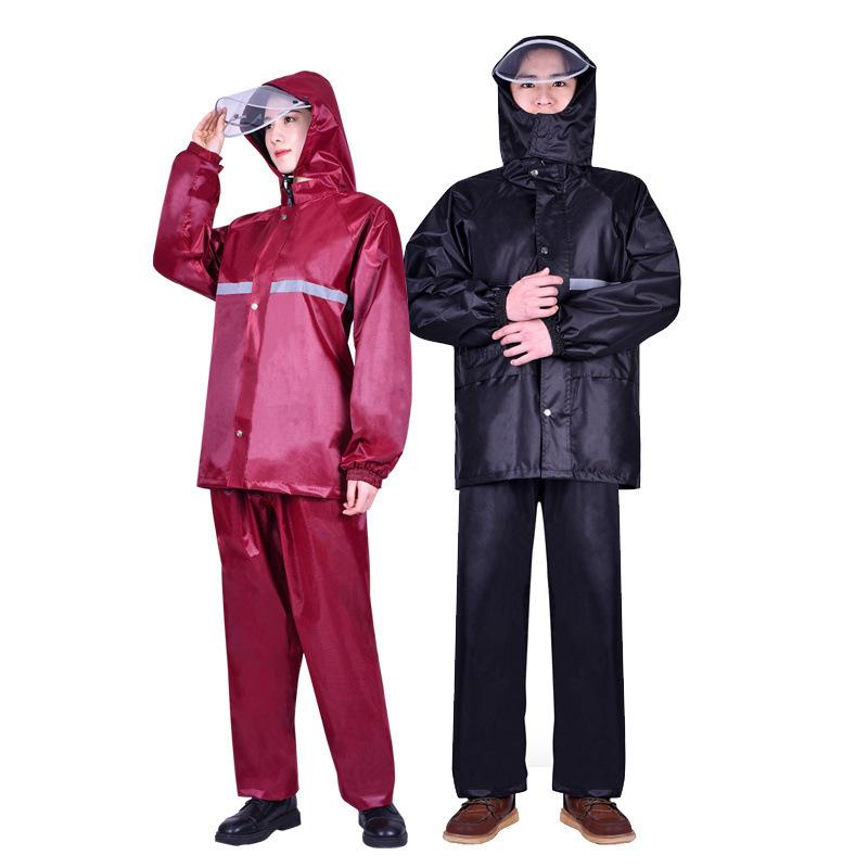 自転車 男性用 多機能 ロング丈 レインコート レインパンツ 上下セット 厚手 防水 作業用 農作業 徒歩 通学 ブラック レッド