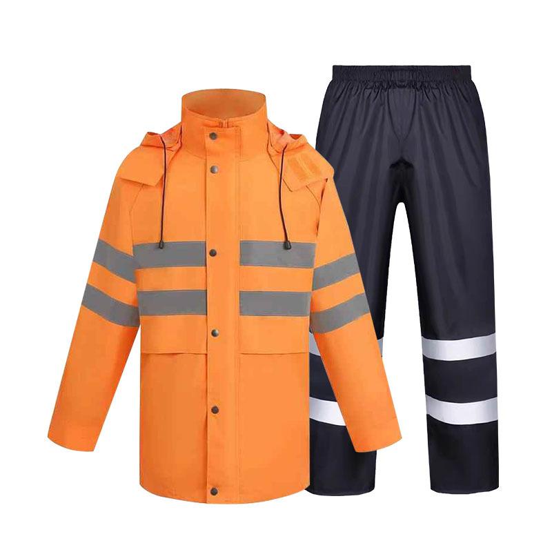 レインコート 男性用 鉄道局 作業用 物流 輸送 工事用 防水 上下セット 反射材 オレンジ