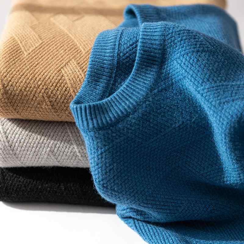 ニット メンズ 男性用 ウール トップス 秋冬 厚手 クルーネック セーター ゆったり 95% ポリエステル ビジネス カジュアル ベージュ グレー ブルー ネイビー ブラック