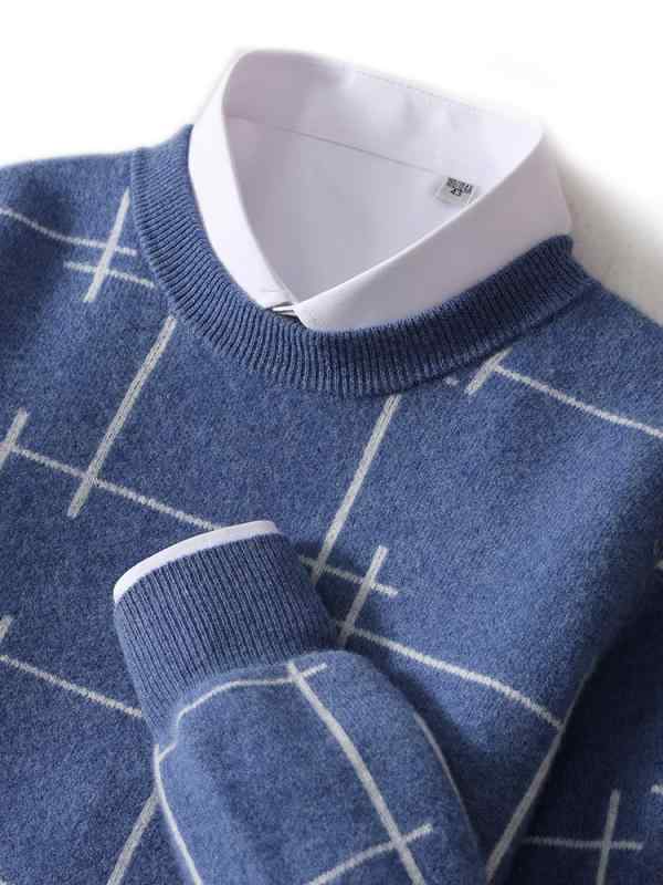 ニット メンズ 男性用 ウール セーター 長袖 丸首 インナー 秋冬 厚手 暖かい ビジネス 紳士 浅灰色 花..