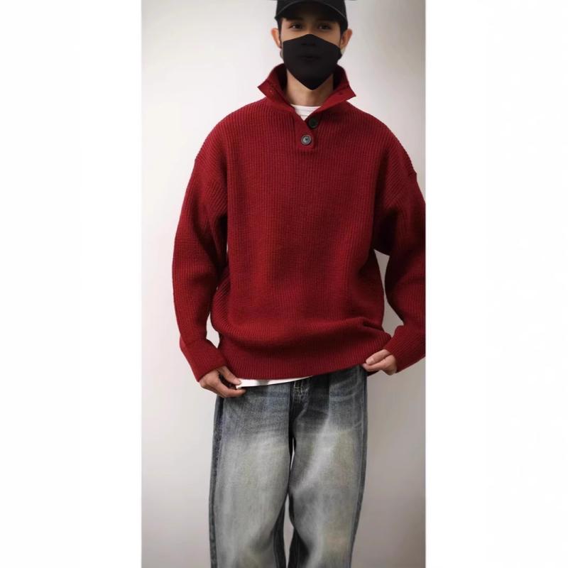 ニット メンズ 男性用 酒 красный Полувысокая шея プルオーバー 冬 リラックスフィット 鹿毛绒 ポリエステル 長袖 無地 カジュアル