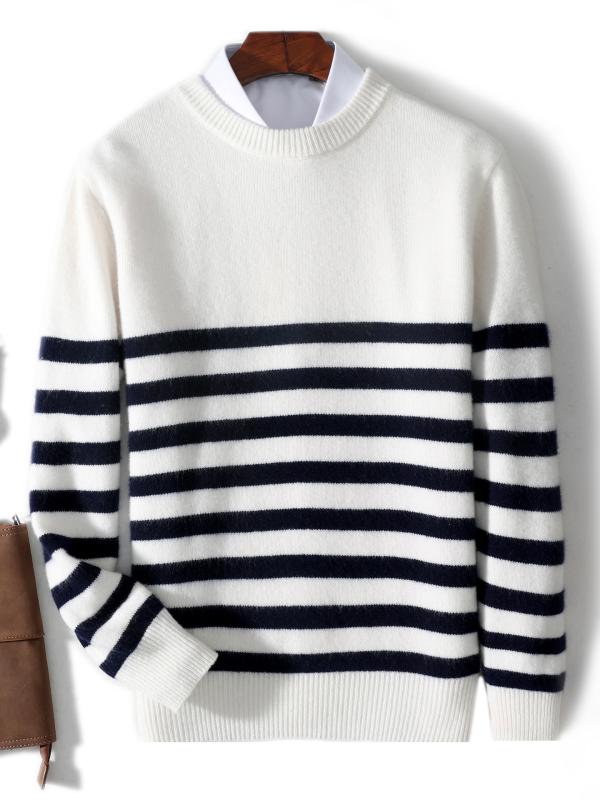 ニット メンズ 男性用 セーター ウール100% 丸首 ストライプ柄 厚手 秋冬 あったか 暖かい リラックス ゆったりめ プルオーバー トップス 長袖 カジュアル