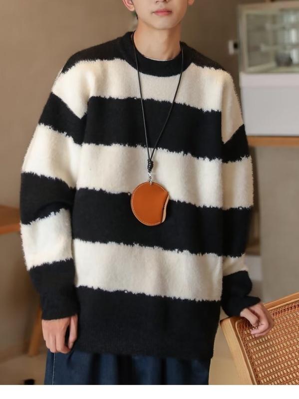 ニット メンズ セーター 秋冬 日本製 ボーダー柄 トップス 長袖 プルオーバー ゆったり 部屋着 普段使い グリーン ブラック