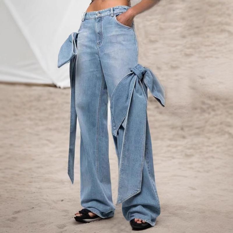 デニム レディース パッチポケット ハイウエスト ジーンズ バタフライ リボン デザイン ストリート カ..