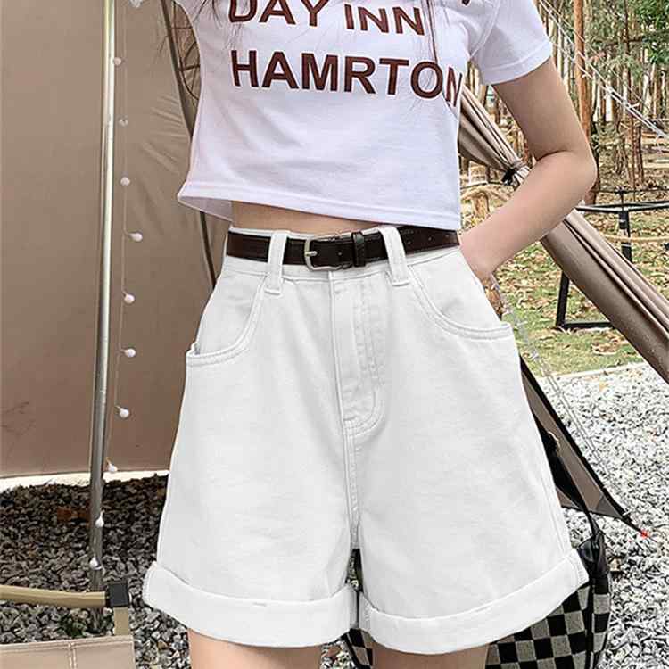 デニム レディース ショートパンツ 薄手 ハイウエスト ゆったり Aライン ワイドレッグ ホットパンツ 黒 白 青 短パン 伸縮性
