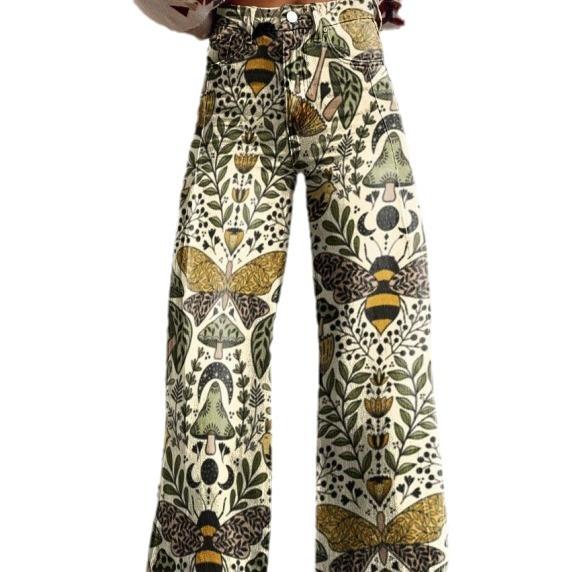 ジーンズ レディース 大きいサイズ 3Dプリント デニム風 ズボン ジーパン 闊腿 中腰 ロングパンツ 伸縮性 ストリート アメカジ 薄手 春夏