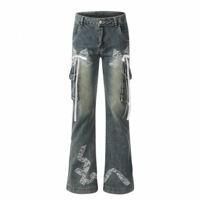 デニム レディース デニムパンツ ジーンズ レース リボン ハイウエスト スキニー ロングパンツ 春夏 伸..