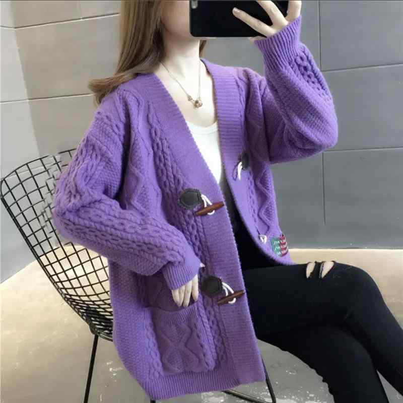 ニット・セーター レディース カーディガン ゆったり Vネック 長袖 ケーブル編み ミディアム丈 ミルク..