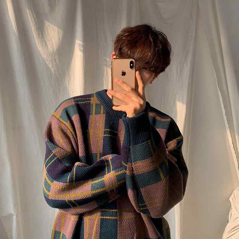 ニット メンズ 男性用 セーター 秋冬 韓国風 レトロ チェック柄 配色 厚手 丸首 長袖 トップス 普段使い 暖かい ゆったり
