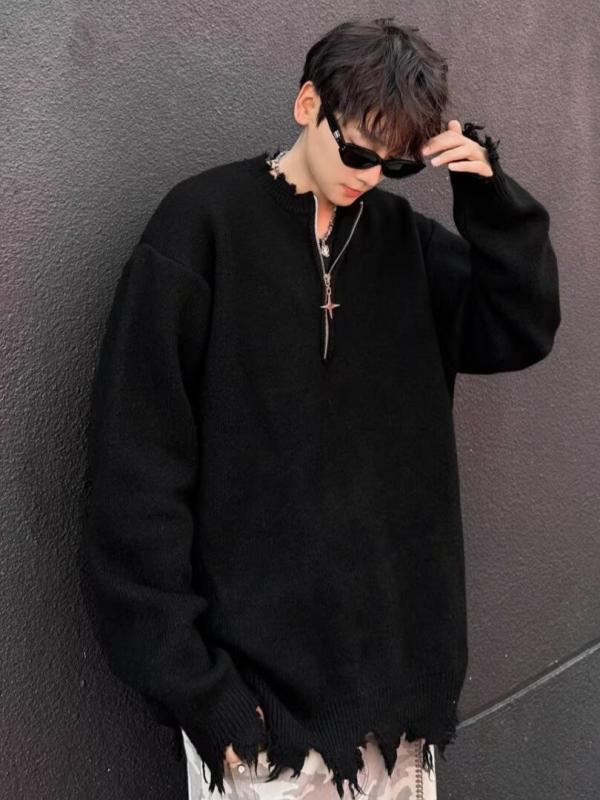 ニット メンズ ニットセーター プルオーバー 秋冬 ストリート カジュアル 普段使い トップス 長袖 厚手 暖かい 深灰色 黒 リブ(4)