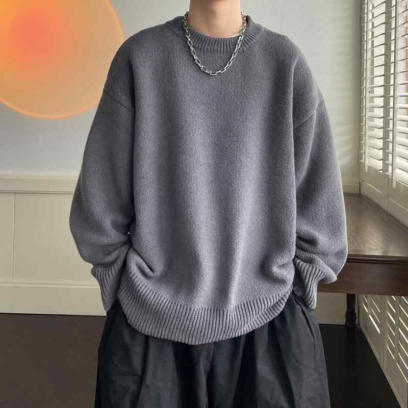 ニット メンズ セーター 秋冬 日本製 インナー 無地 シンプル トップス カットソー 長袖 丸首 プルオーバー ゆったり 大きめ カジュアル きれいめ 部屋着 ルームウェア 普段使い