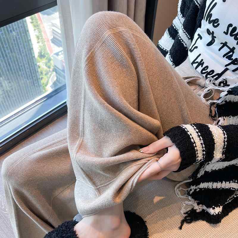 パンツ レディース 秋冬 ニットパンツ ワイドレッグパンツ 高腰 伸縮性 落ち感 美脚 ストレート 快適 普段使い 韓国風 カジュアル ブラック ホワイト ピンク系 カーキ色