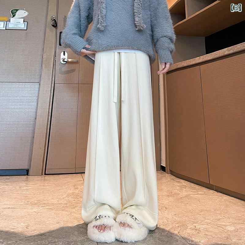 パンツ レディース 秋冬 ニットパンツ ワイドレッグパンツ 高腰 伸縮性 落ち感 美脚 ストレート 快適 普段使い 韓国風 カジュアル ブラック ホワイト ピンク系 カーキ色
