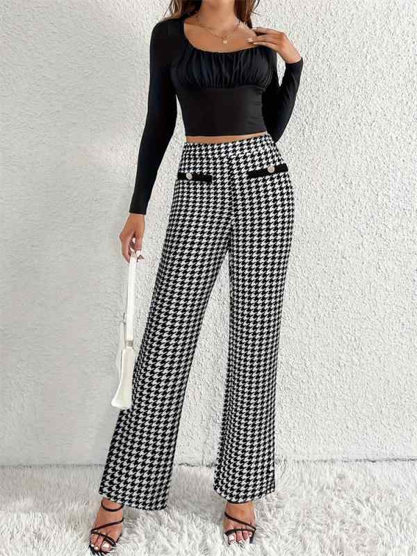 パンツ レディース 千鳥格子 切り替え 飾りボタン付き ストレート ワイドレッグパンツ ポリエステル 高..