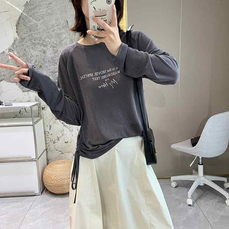 Tシャツ レディース ラウンドネック アルファベットプリント 薄手 長袖 トップス 紫外線対策 接触冷感 吸湿速乾 ゆったり 普段使い ホワイト 白 ダークグレー