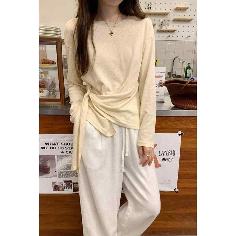 Tシャツ レディース 韓国風 かわいい おしゃれ 腰ひも付き 丸首 長袖 トップス カットソー 杏色 ホワイ..