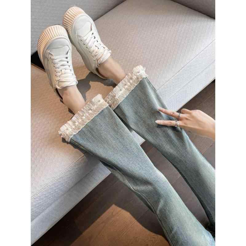 デニム レディース 微フレア 高見え ジーンズ パンツ ウォッシュ加工 ダメージ加工 冷茶色 9分丈 XS S M L XL 2XL