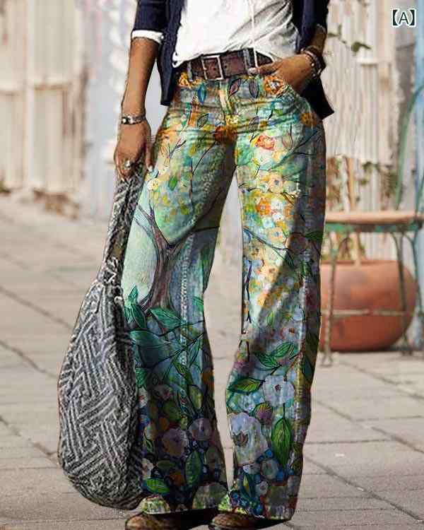 パンツ レディース 3Dプリント デジタル柄 伸縮性 薄手 ワイドレッグパンツ ズボン ボトムス 春夏 ポリ..