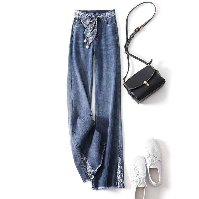 ジーンズ レディース ハイウエスト デニム 民族風 切り替え プリント カジュアル ラッパ ズボン スリム..