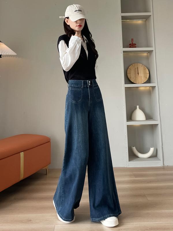 ジーンズ レディース 大きいサイズ ワイドレッグ デニムパンツ ハイウエスト ゆったり 美脚 ストレート ヴィンテージ風 カットオフ加工 インディゴブルー 通勤 普段使い 春秋